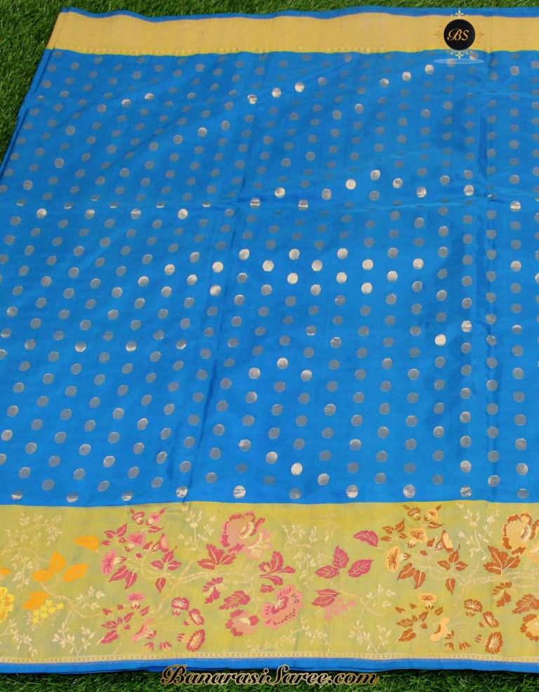 Pure Banarasi Handloom Katan Silk Zari Polka & Meena Border Saree - Image 5