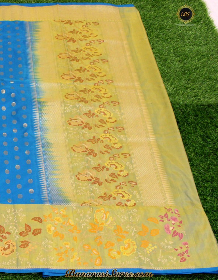 Pure Banarasi Handloom Katan Silk Zari Polka & Meena Border Saree - Image 3