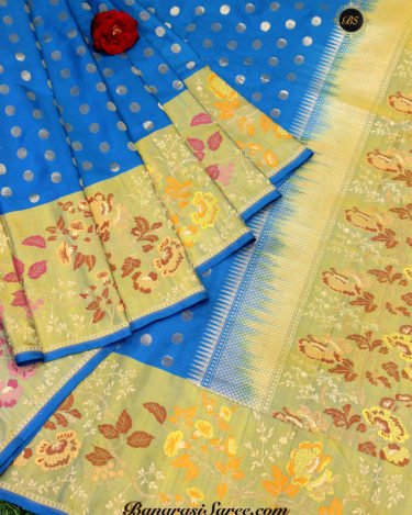Pure Banarasi Handloom Katan Silk Zari Polka & Meena Border Saree