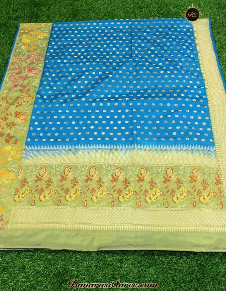 Pure Banarasi Handloom Katan Silk Zari Polka & Meena Border Saree - Image 2