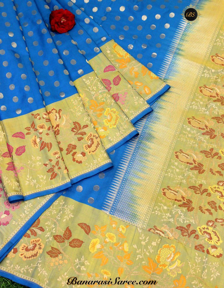 Pure Banarasi Handloom Katan Silk Zari Polka & Meena Border Saree