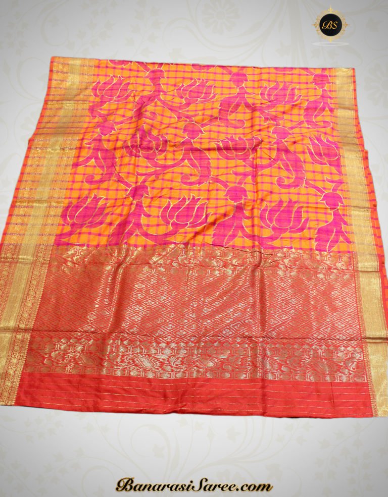 Pure Banarasi Handloom Tussar Silk Jaal Orange-Pink Saree - Image 2