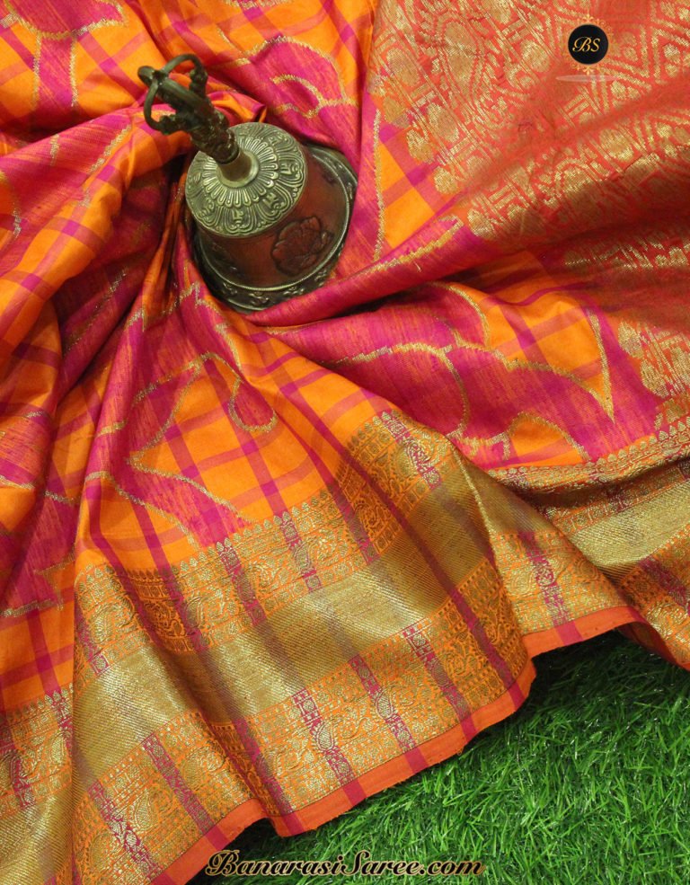 Pure Banarasi Handloom Tussar Silk Jaal Orange-Pink Saree