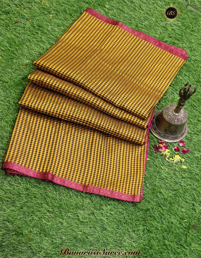Pure Banarasi Handloom Katan Silk Mini Check Saree