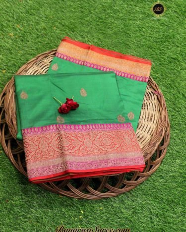 Pure Banarasi Handloom Katan Silk Green Color Antique Zari Booty Saree