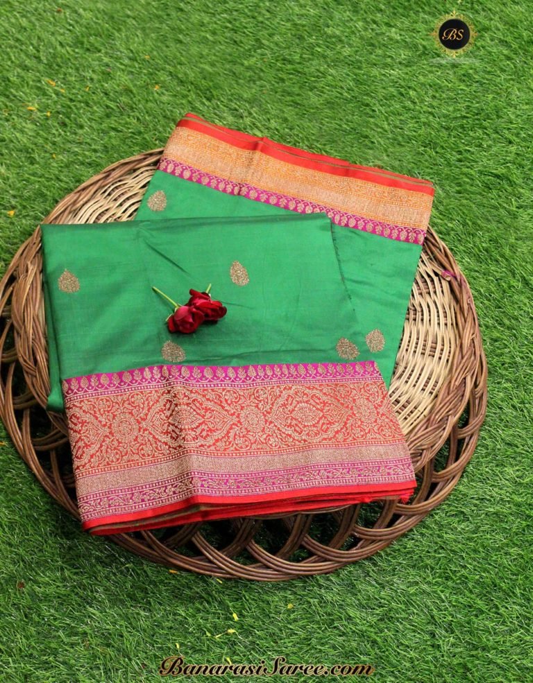 Pure Banarasi Handloom Katan Silk Green Color Antique Zari Booty Saree