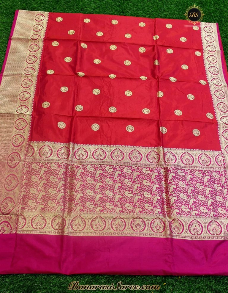Pure Banarasi Handloom Katan Silk Peacock Figures Red Saree - Image 2