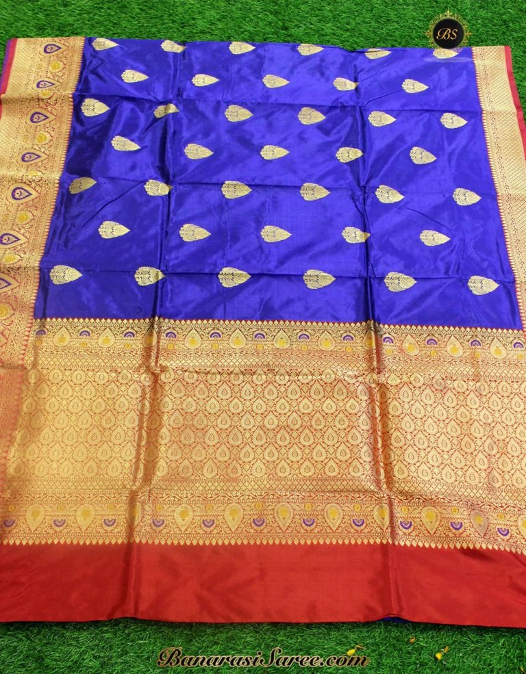 Pure Banarasi Handloom Katan Silk Blue Kadhiyal Meena Border Saree - Image 2