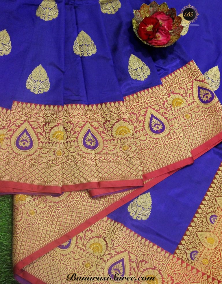 Pure Banarasi Handloom Katan Silk Blue Kadhiyal Meena Border Saree