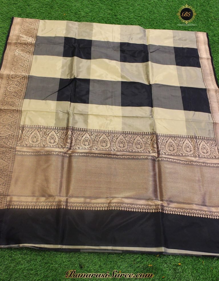 Pure Banarasi Handloom Katan Silk Checkered Saree - Image 3