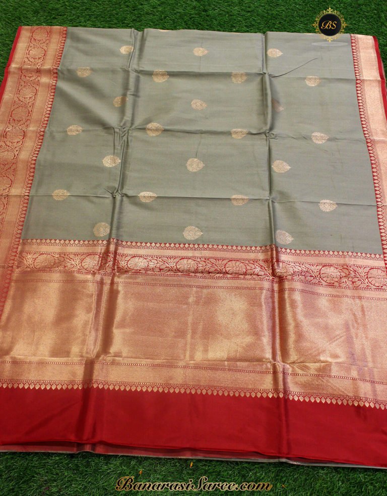 Pure Banarasi Handloom Tussar Silk Steel Grey Color Saree - Image 2