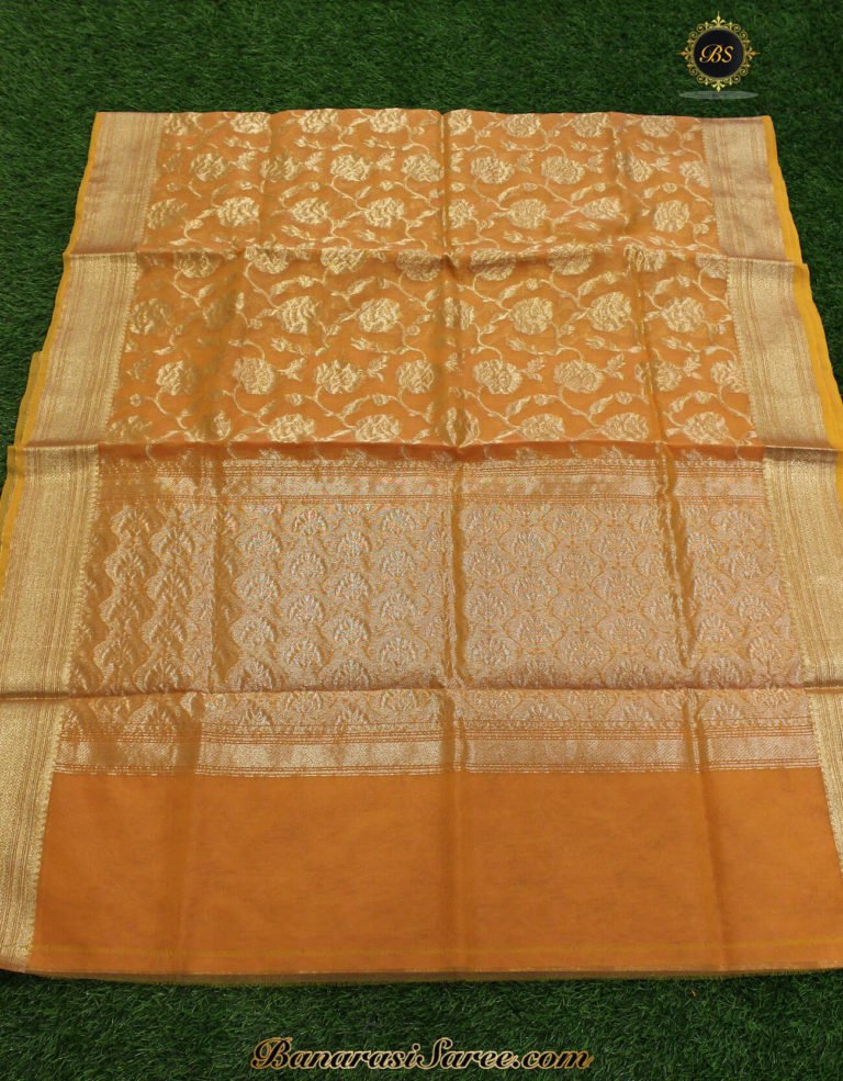 Banarasi Handloom Kora Silk Orange Color Saree - Image 2