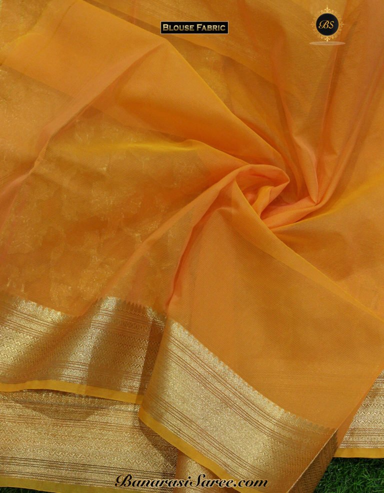 Banarasi Handloom Kora Silk Orange Color Saree - Image 3