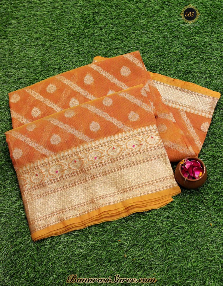 Banarasi Handloom Kora Silk Diagonal Zari Saree