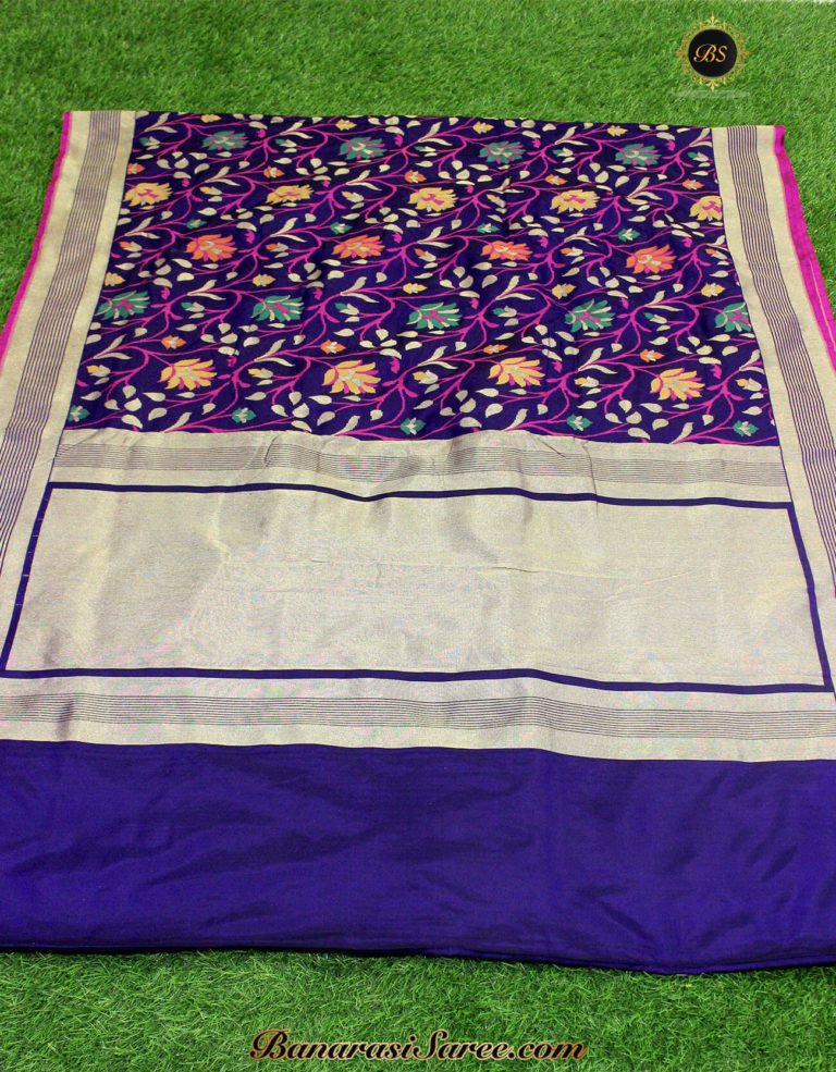Pure Banarasi Handloom Katan Silk Multicolor Jaal Saree - Image 3