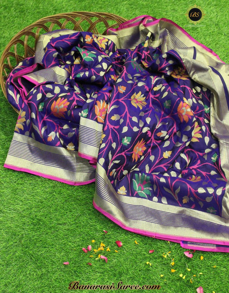 Pure Banarasi Handloom Katan Silk Multicolor Jaal Saree