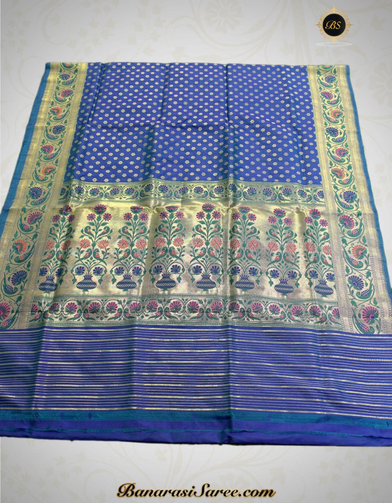 Cobalt Blue Silky Katan Saree on Banarasi Handloom - Image 2