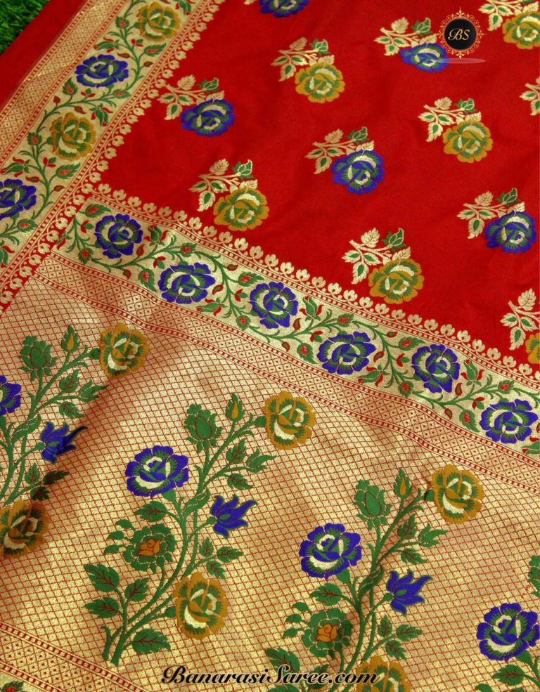 Banarasi Handloom Semi Silk Red Color Tilfi Meena Saree - Image 3