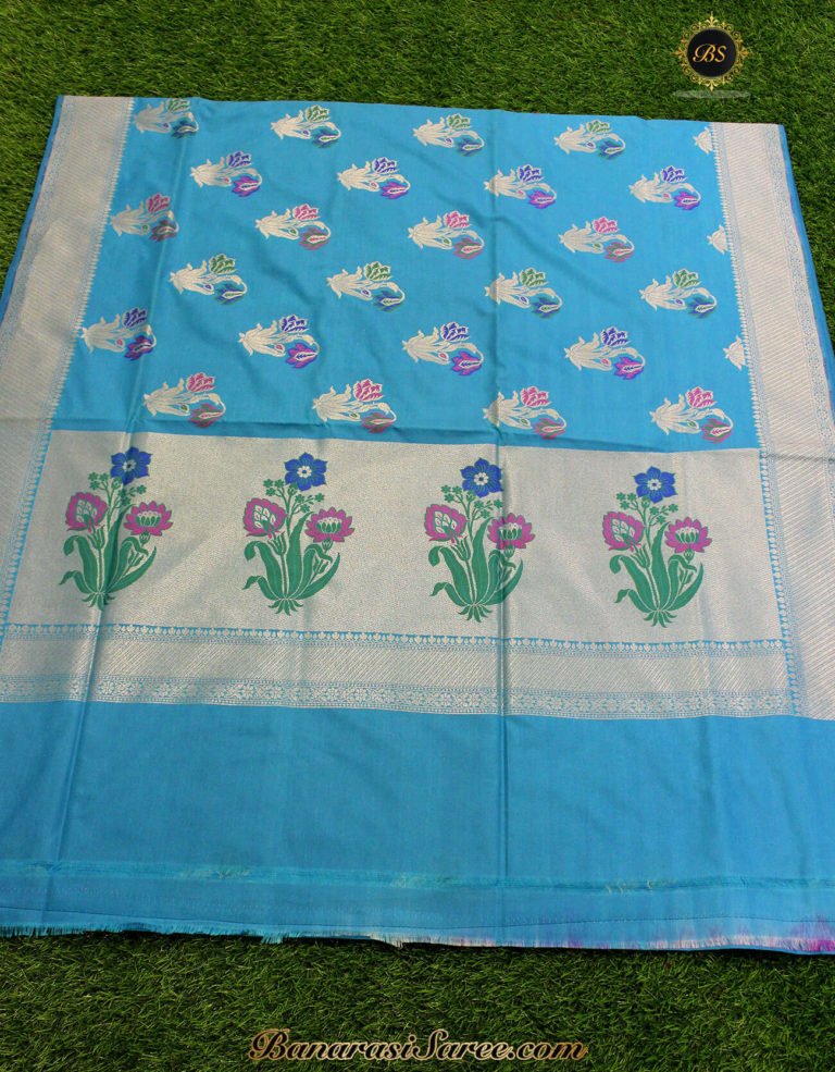 Banarasi Handloom Semi Silk Sky Blue Color Saree - Image 2