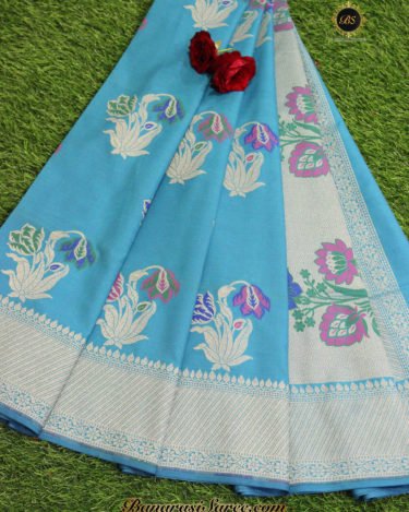 Banarasi Handloom Semi Silk Sky Blue Color Saree