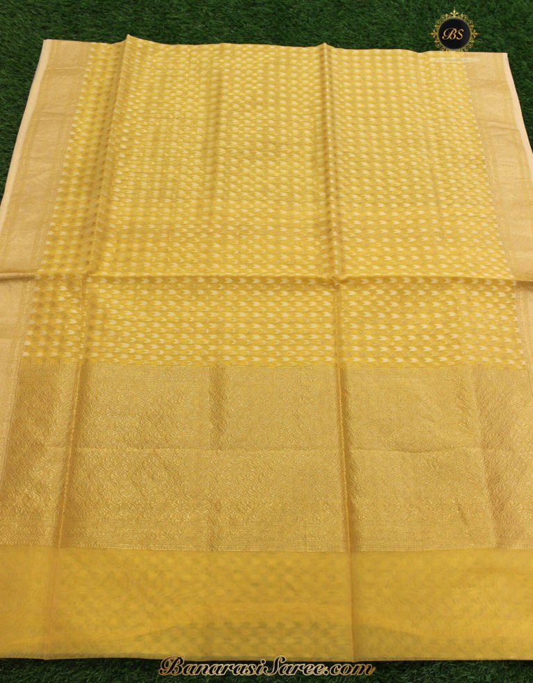 Banarasi Handloom Kora Silk Yellow Color Zari Booty Saree - Image 2