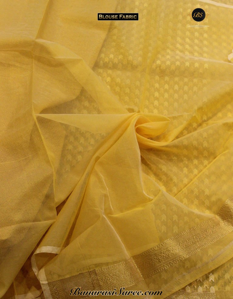 Banarasi Handloom Kora Silk Yellow Color Zari Booty Saree - Image 3