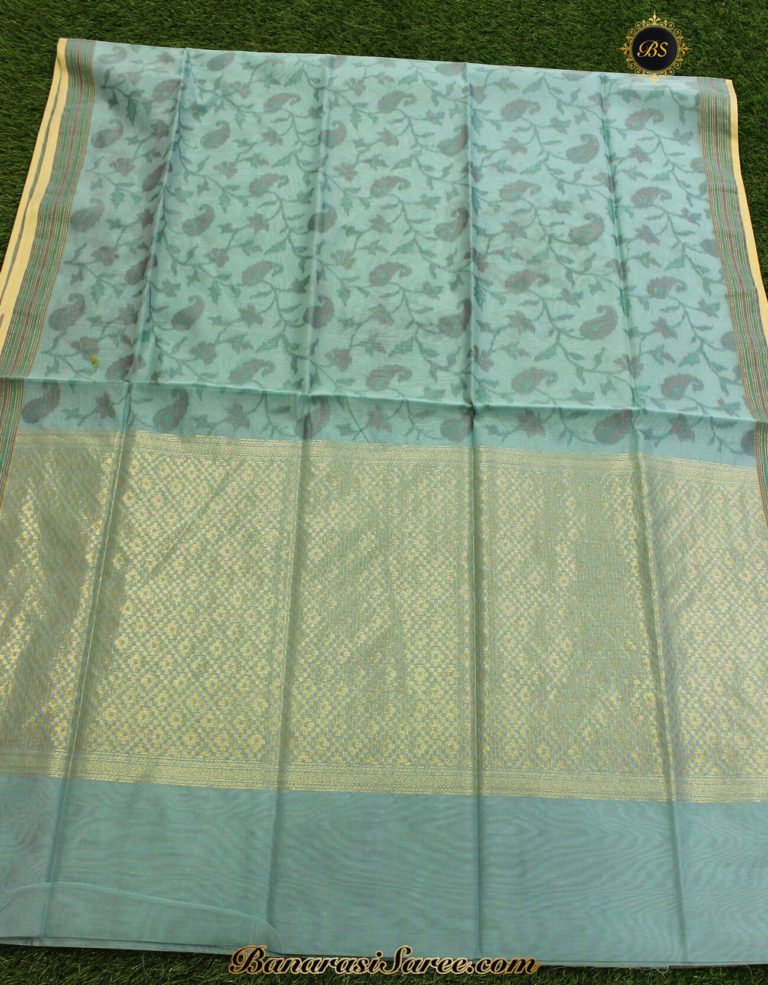 Banarasi Handloom Cotton Silk Sky Blue Pochampalli Print Saree - Image 2