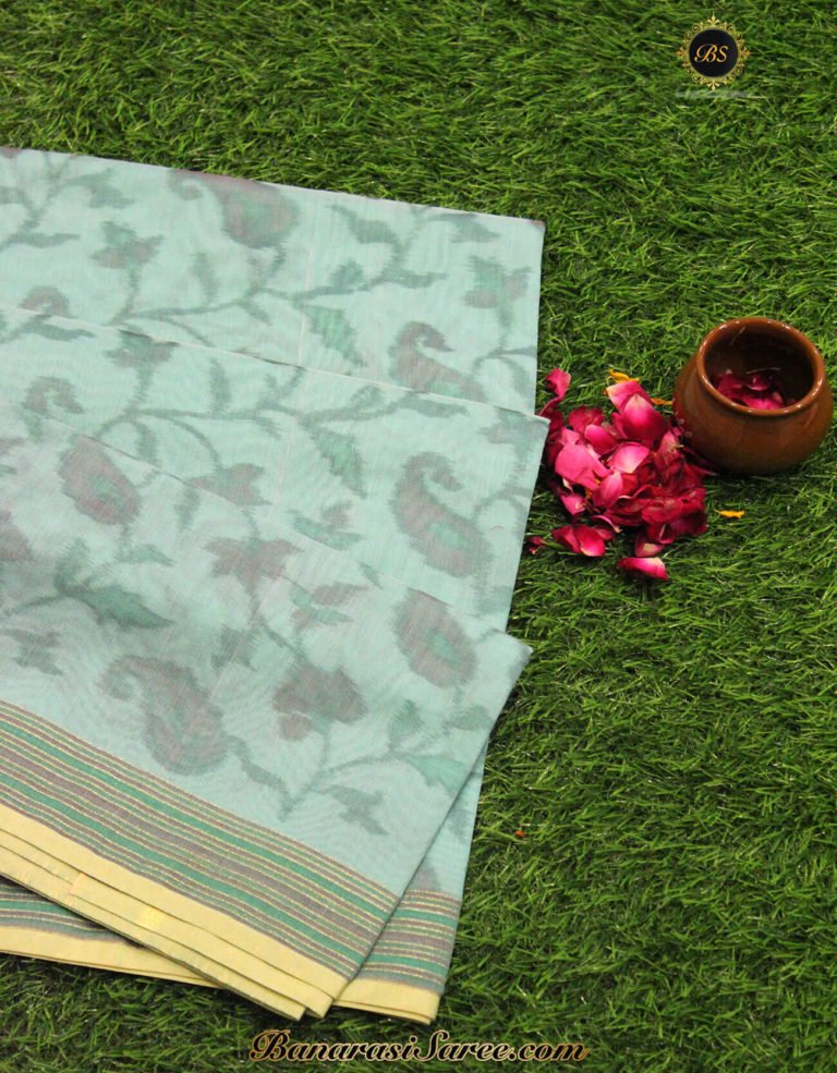 Banarasi Handloom Cotton Silk Sky Blue Pochampalli Print Saree