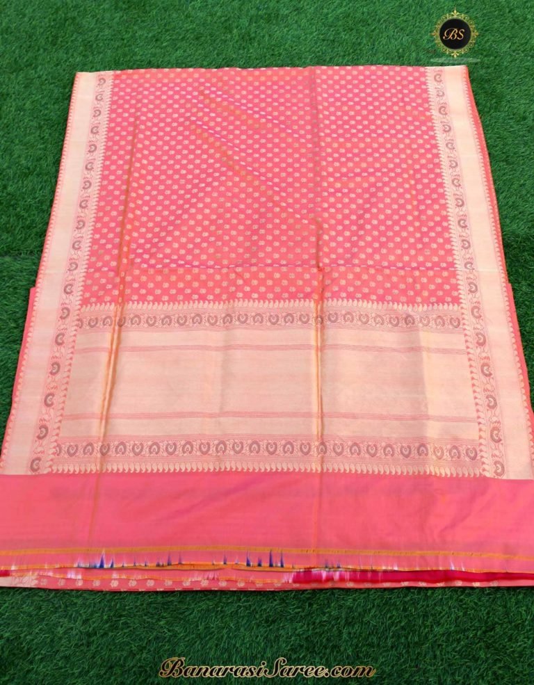 Pure Banarasi Handloom Katan Silk Kadhua Golden Zari Booty Saree - Image 4