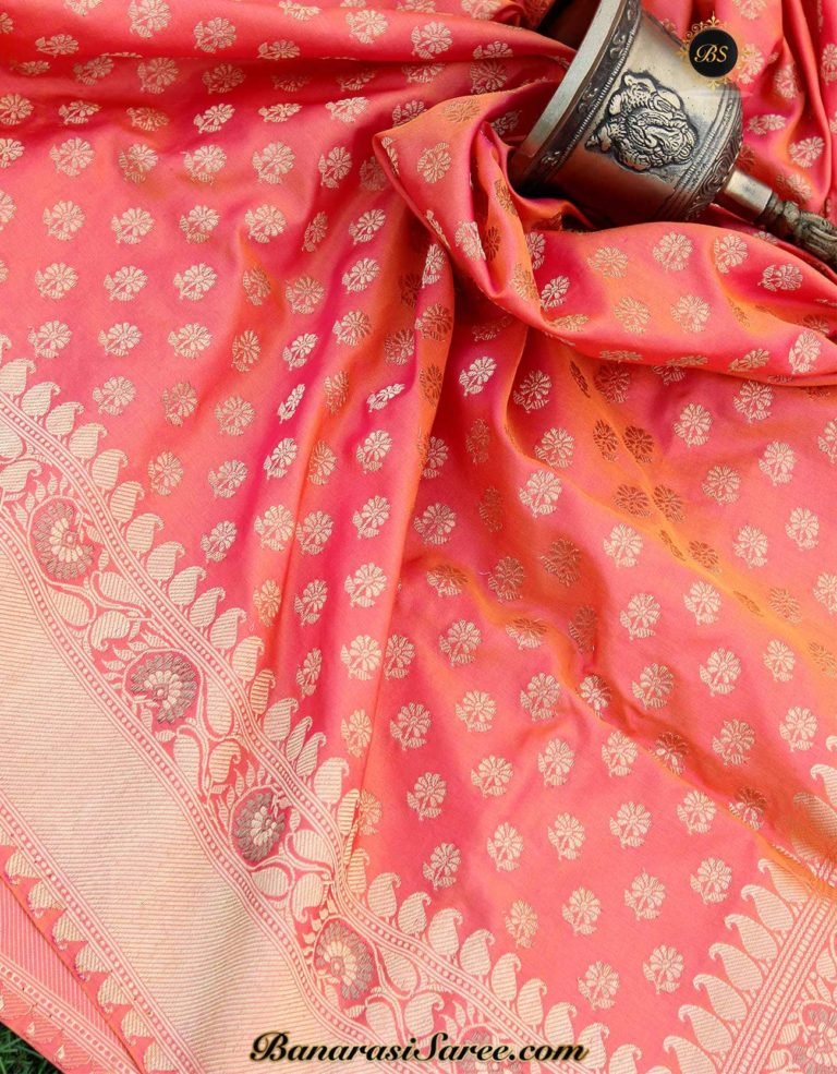 Pure Banarasi Handloom Katan Silk Kadhua Golden Zari Booty Saree - Image 2