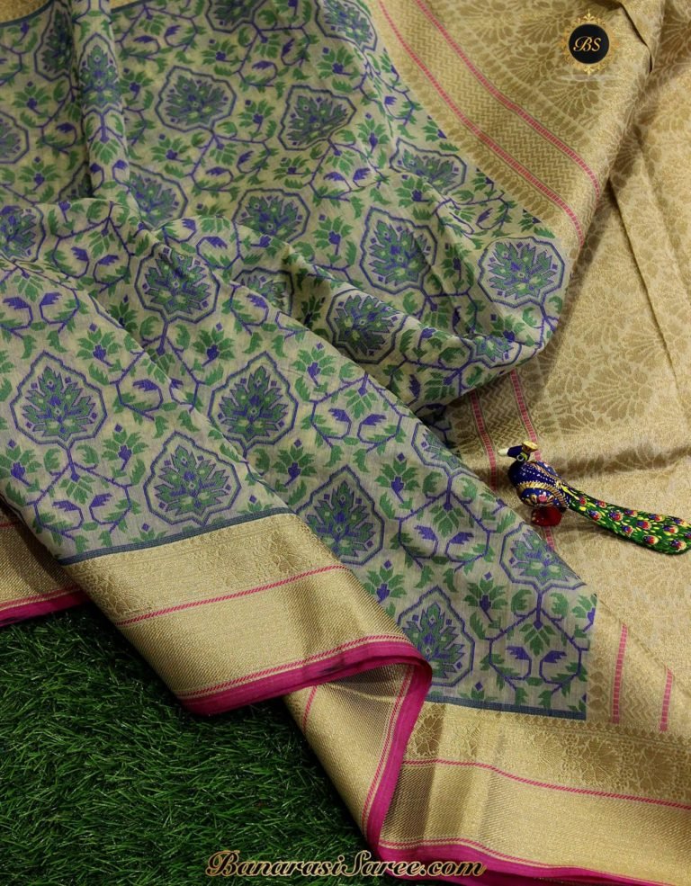 Banarasi Handloom Cotton Silk Thread Work Jaal Blue Color Saree