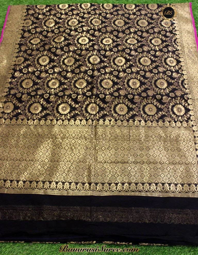 Banarasi Handloom Kora Silk Black Color Golden Zari Patola Saree - Image 2