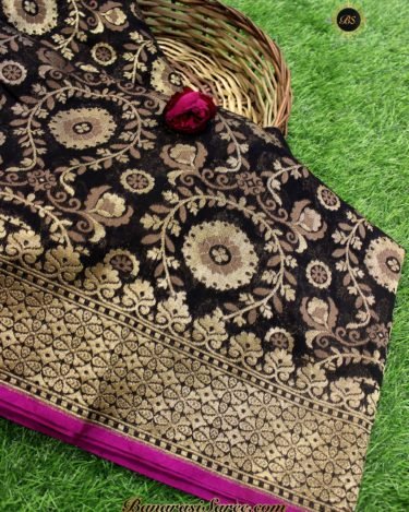 Banarasi Handloom Kora Silk Black Color Golden Zari Patola Saree