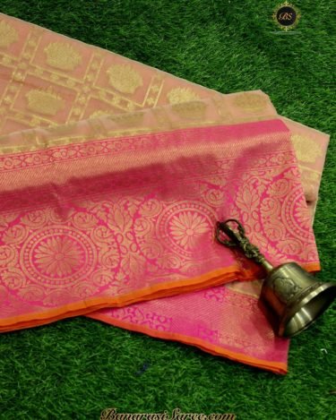 Banarasi Handloom Kora Silk Peach Color Saree