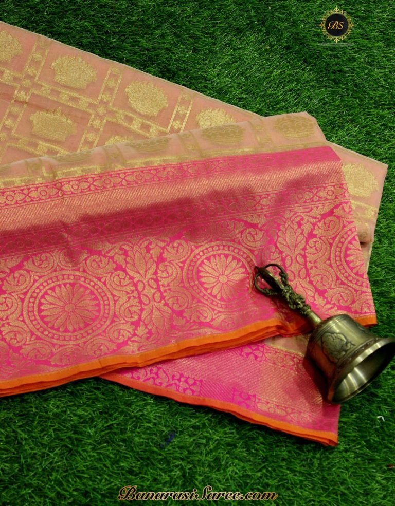 Banarasi Handloom Kora Silk Peach Color Saree