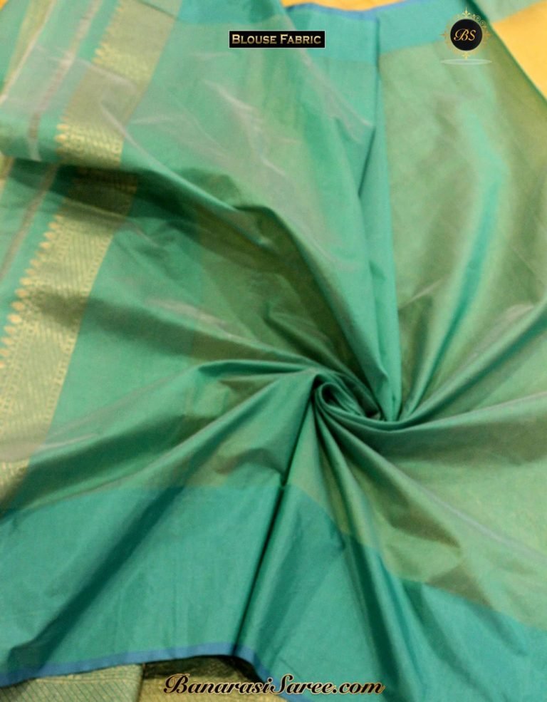 Banarasi Handloom Kora Silk Yellow-Pine Green Color Saree - Image 4