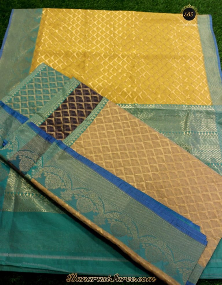 Banarasi Handloom Kora Silk Yellow-Pine Green Color Saree - Image 2
