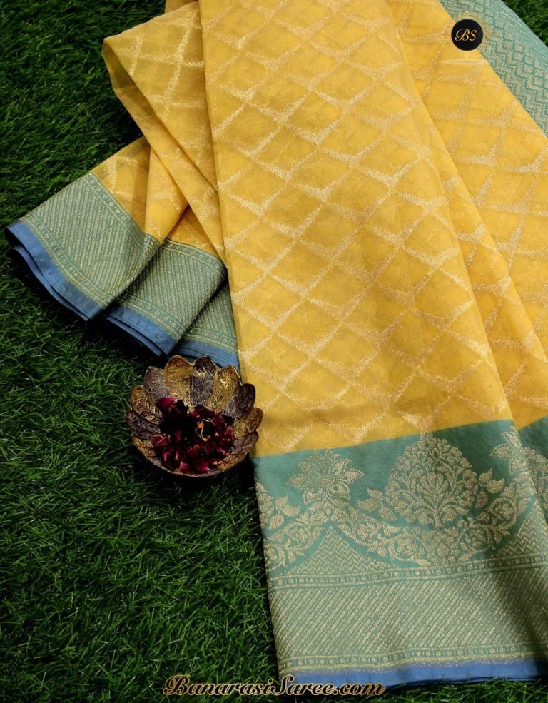 Banarasi Handloom Kora Silk Yellow-Pine Green Color Saree