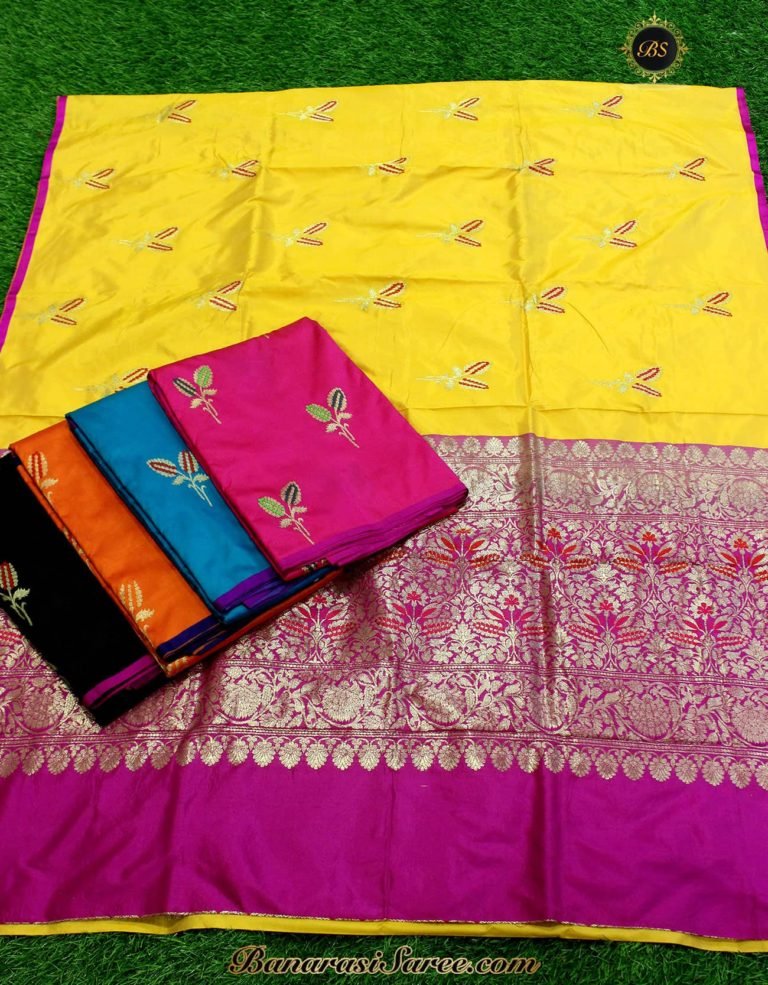 Pure Banarasi Handloom Katan Silk Yellow Color Antique Zari Saree - Image 2