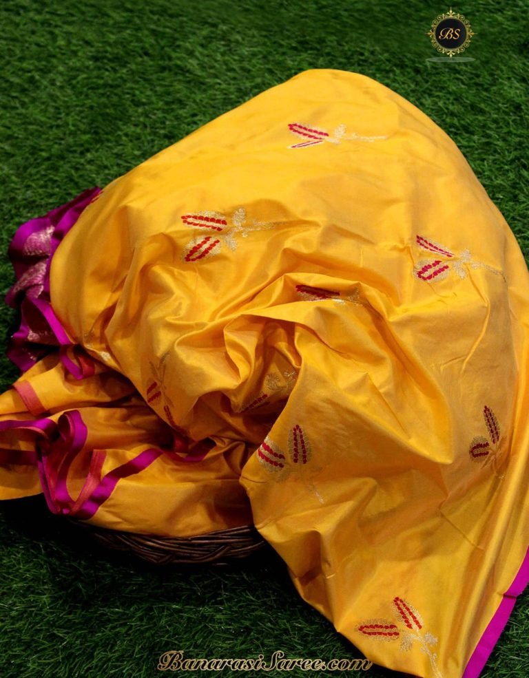 Pure Banarasi Handloom Katan Silk Yellow Color Antique Zari Saree