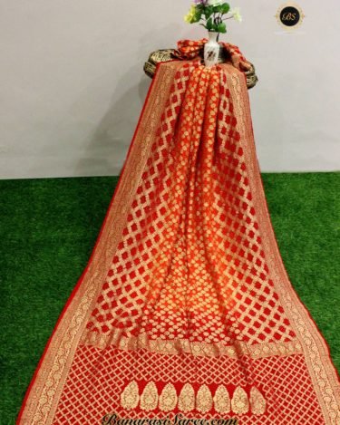 Pure Banarasi Handloom Orange-Red Color Bandhani Saree
