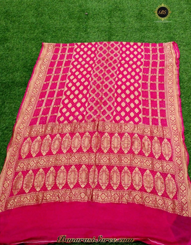 Pure Banarasi Handloom Pink Color Bandhani Saree - Image 3