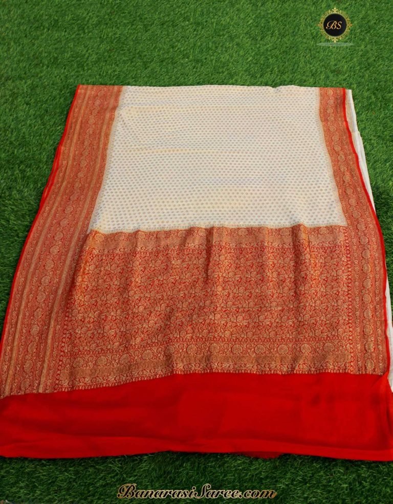 Pure Banarasi Handloom Khaddi Chiffon Off White-Maroon Neem Zari Saree - Image 3
