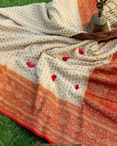 Pure Banarasi Handloom Khaddi Chiffon Off White-Maroon Neem Zari Saree