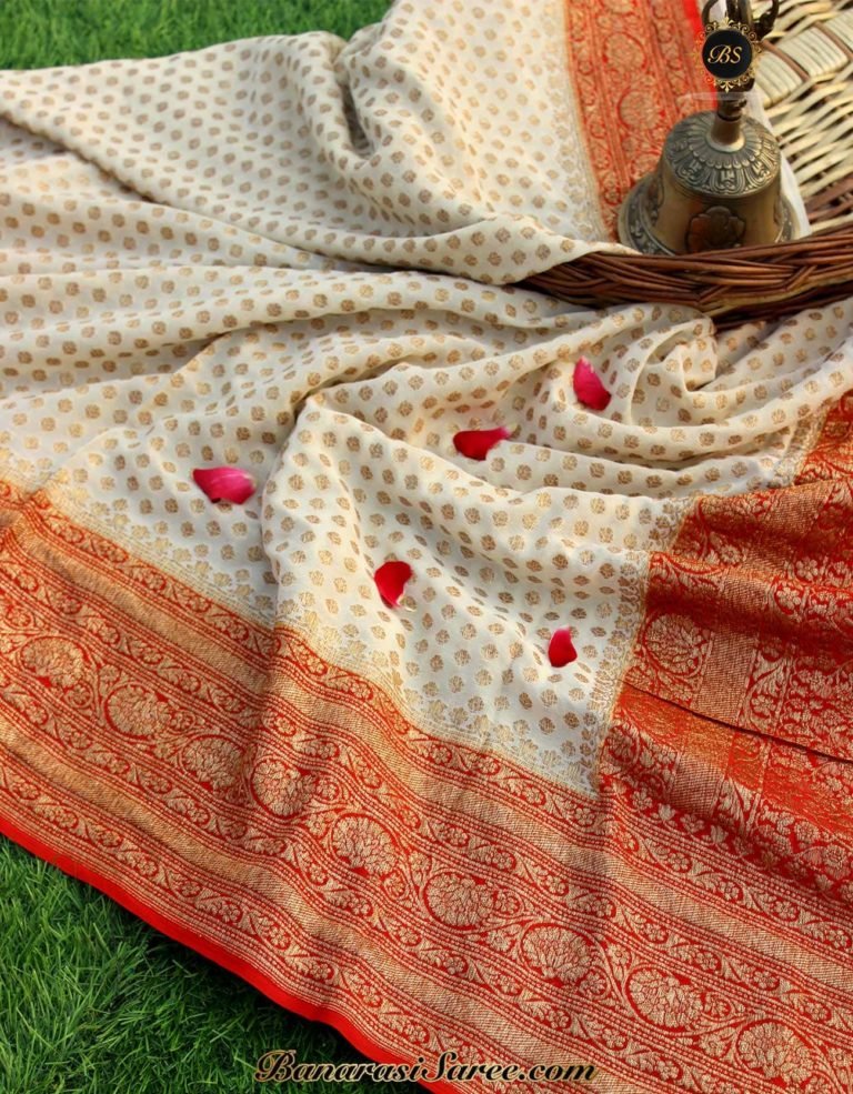 Pure Banarasi Handloom Khaddi Chiffon Off White-Maroon Neem Zari Saree