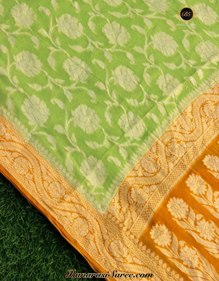 Pure Banarasi Handloom Khaddi Chiffon Green-Yellow Color Saree - Image 2