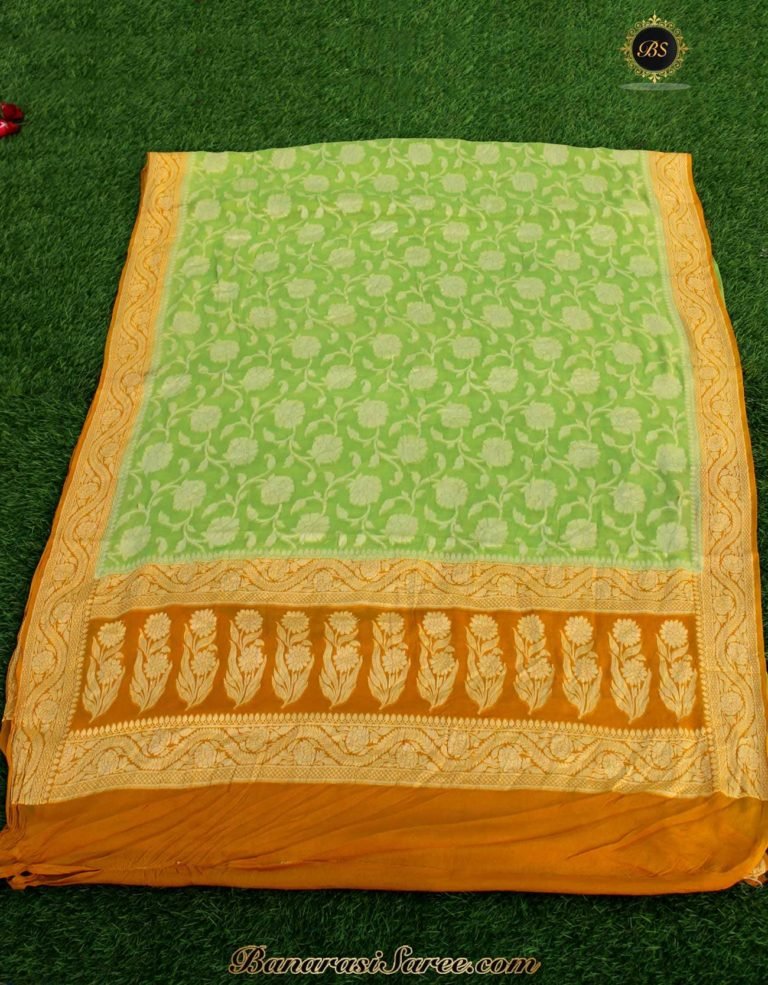 Pure Banarasi Handloom Khaddi Chiffon Green-Yellow Color Saree - Image 3