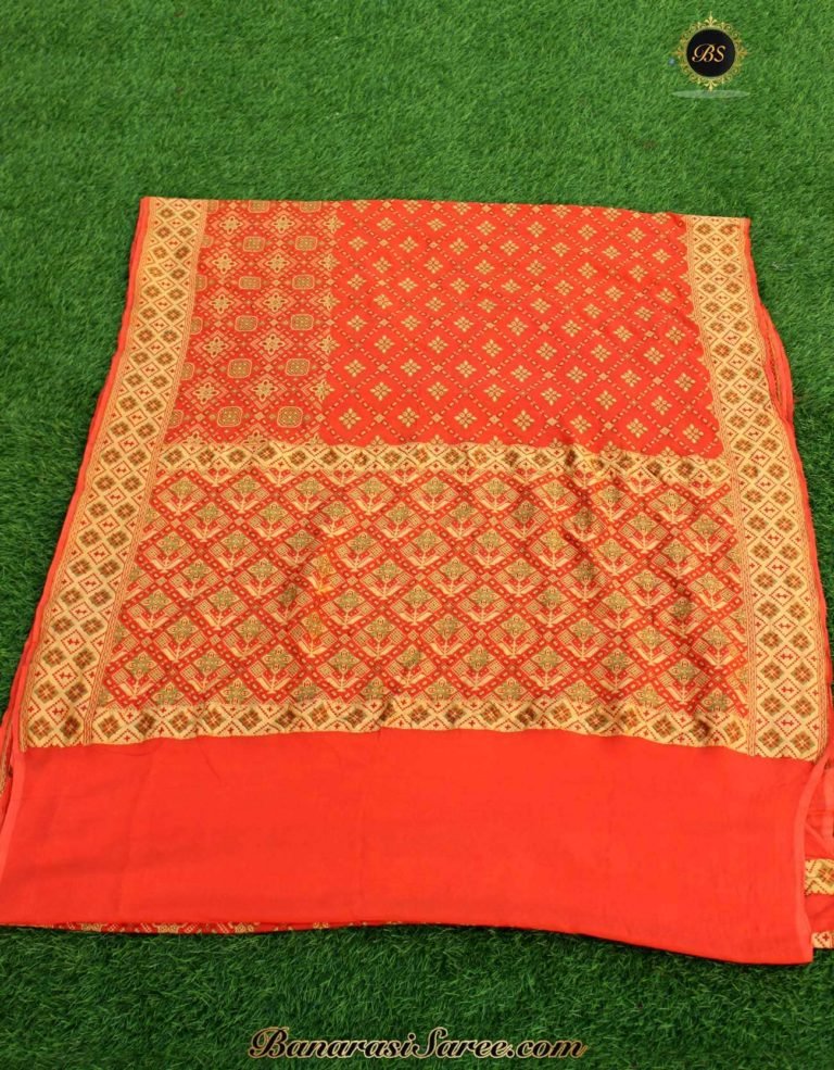 Pure Banarasi Handloom Khaddi Chiffon Orange Color Saree - Image 3