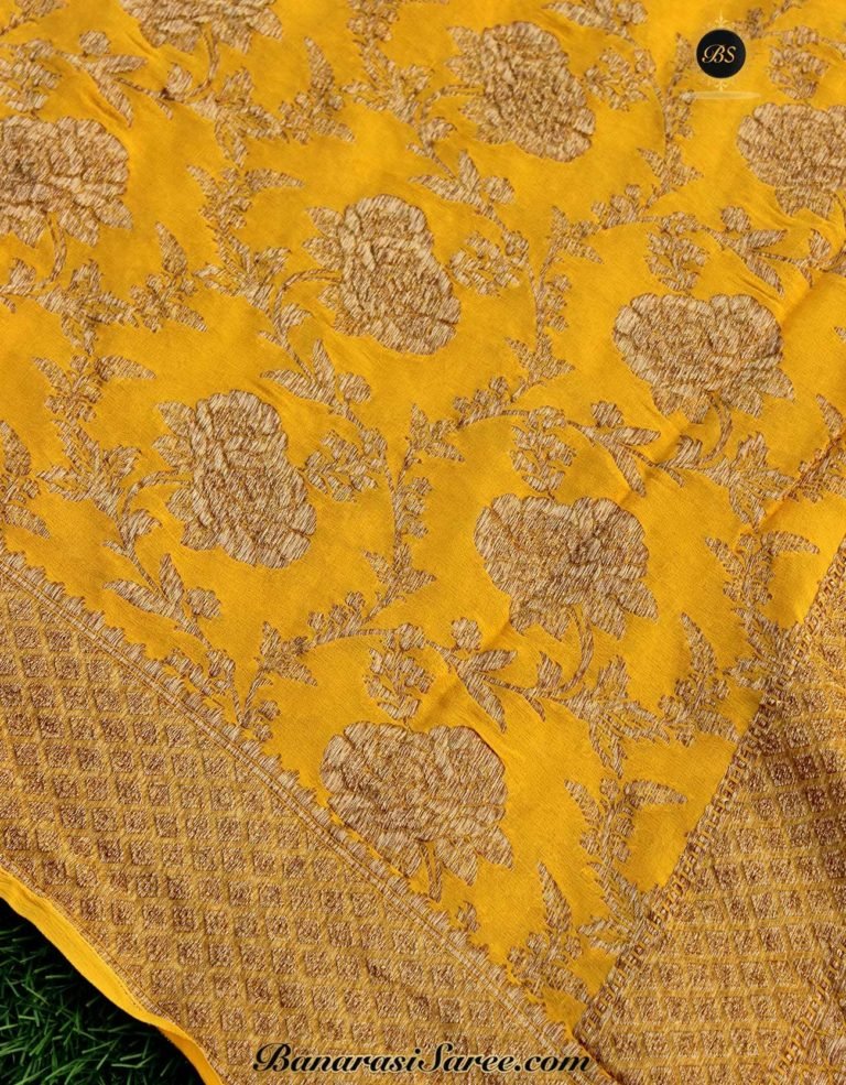 Pure Banarasi Handloom Khaddi Chiffon Yellow Color Saree - Image 2