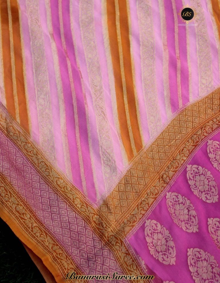 Pure Banarasi Handloom Khaddi Chiffon Pink Shades Rangkat Saree - Image 3